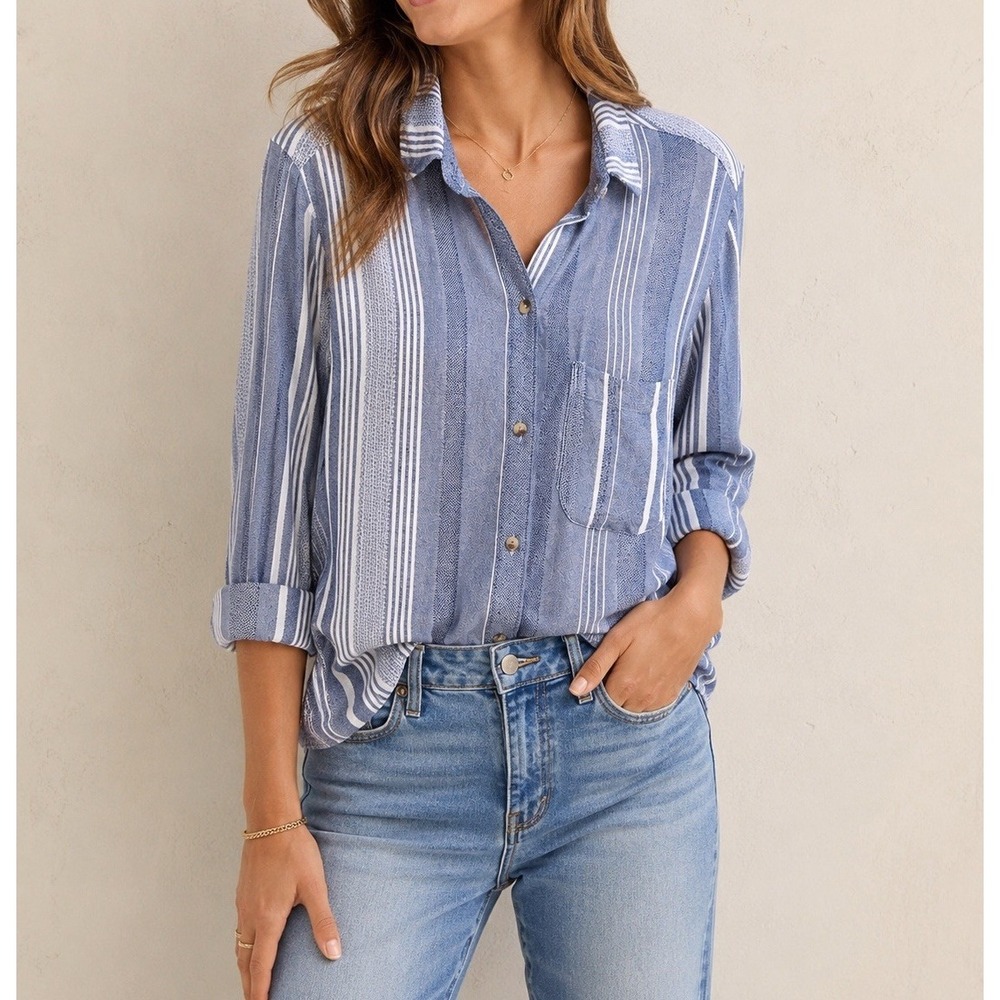 Maeve Anthropologie Striped Button Down Shirt Women M Blue White Coastal Boho